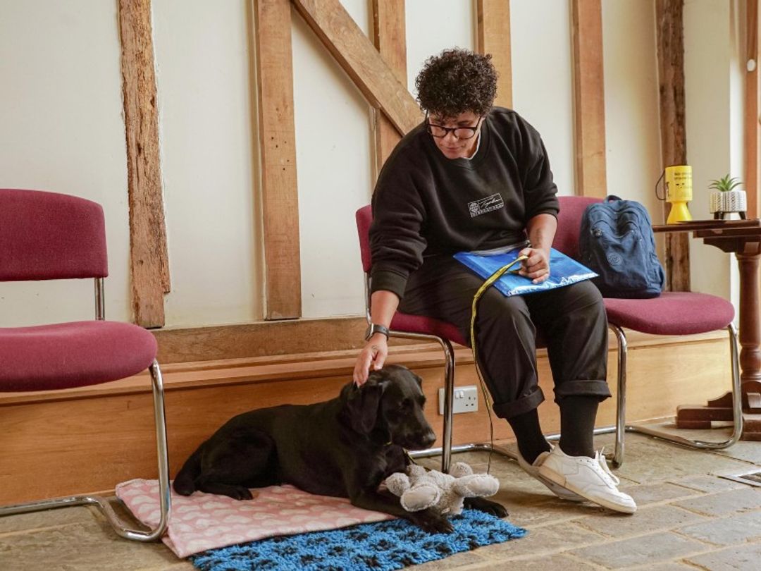 owner petting labrador in waiting room 2
