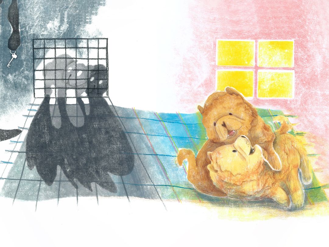 Illustrated scene showing Bailey the Chow Chow puppy being rescued