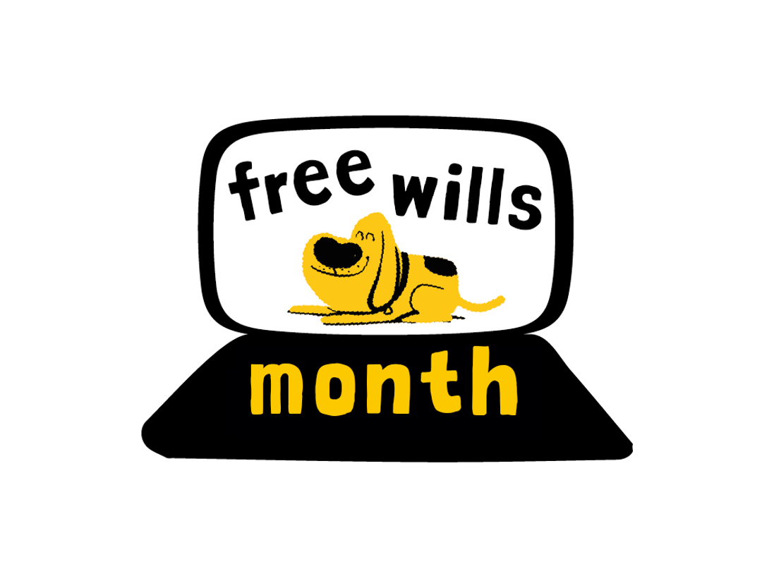 Illustration of a laptop with a dog on screen with text that reads Free Wills Month