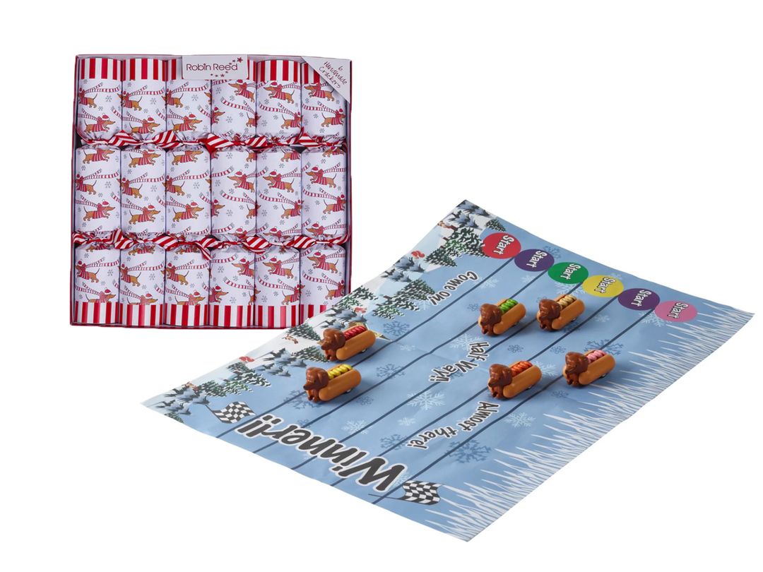 Crackers containing a dachshund themed racing game