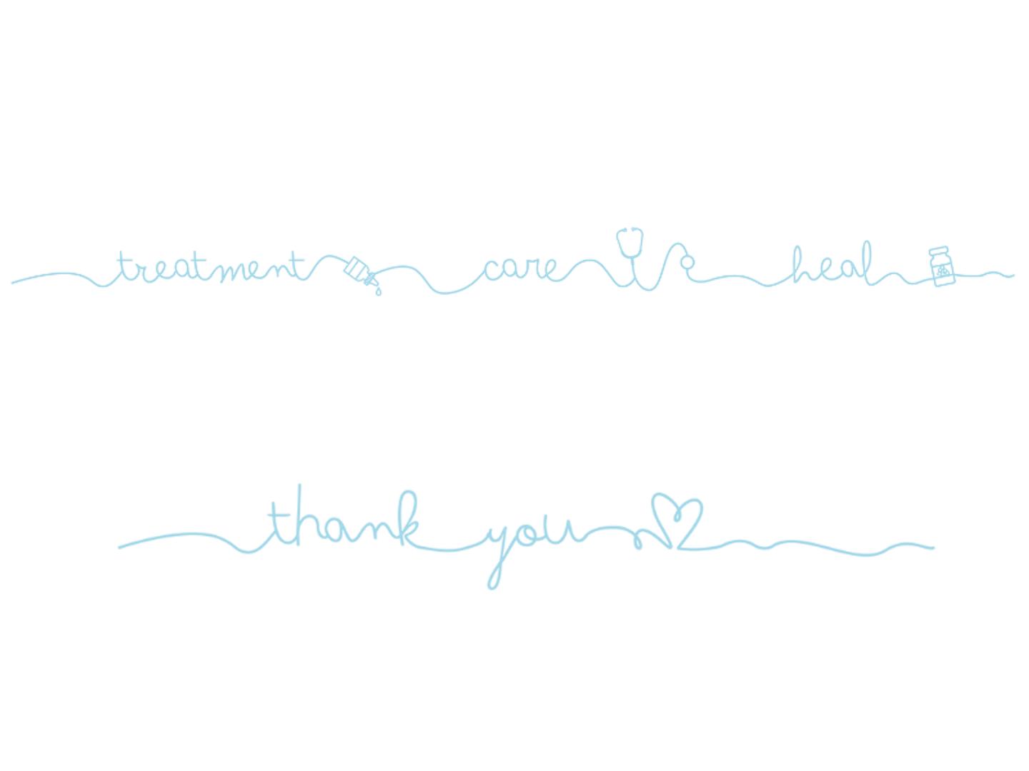 Blue squiggly writing in the bottom left corner reads care, treatment and heal and underneath some moreblue squiggly writing that reads thank you with a heart