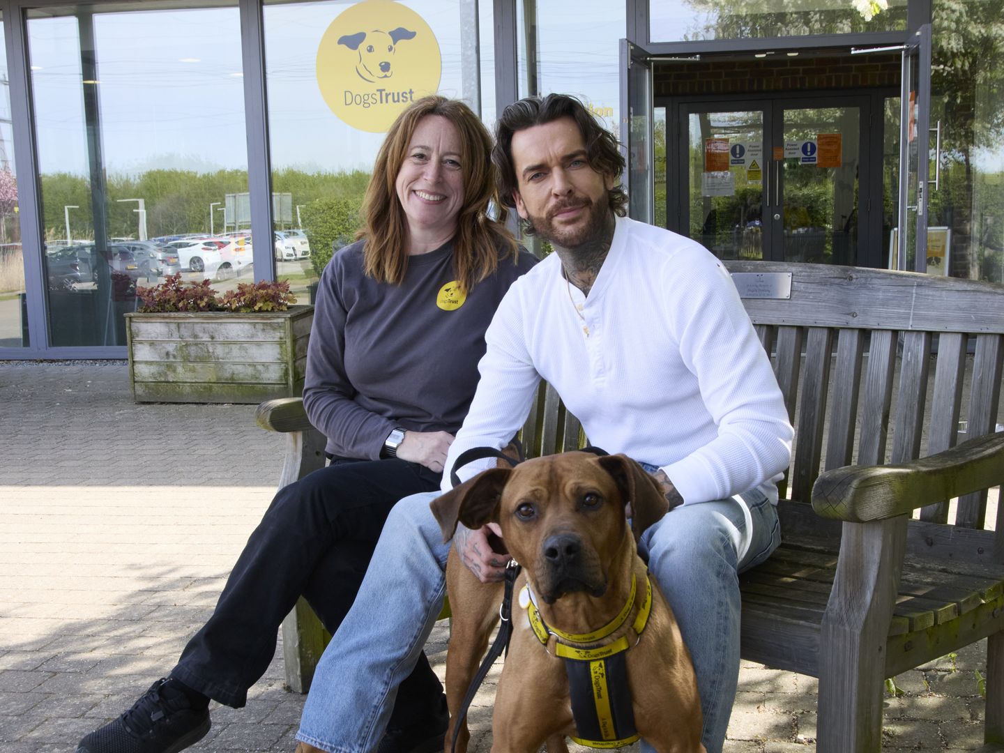 Pete wicks with rehoming manager sitting on a bench with a large brown mastiff crossbreed outside basildon rehoming centre