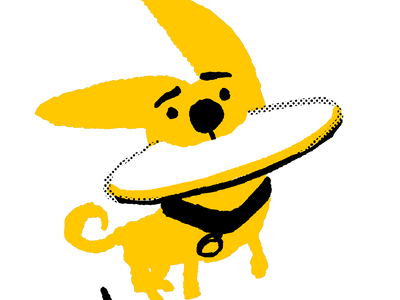 Illustration of yellow dog jumping up with frisbee in their mouth