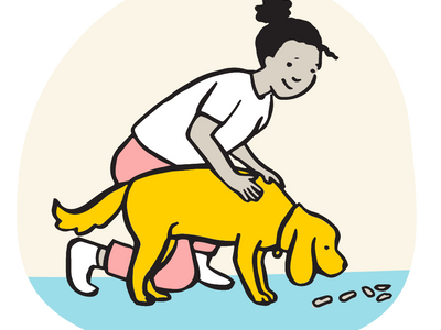 Illustration of owner resting hands on dogs shoulder blades whilst they eat treats off the floor.