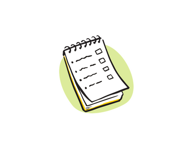 Illustrations of a checklist or questions on a white notepad
