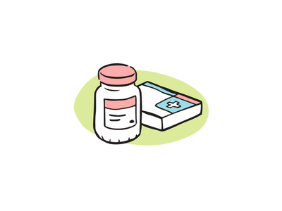 Illustration of medication in a white bottle with a pink lid and a blue packet.  