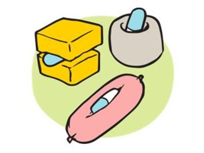 Illustration of how to hide pills in food like cheese, sausage and pill givers. 