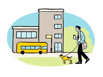 Life with a dog - illustration showing a person walking a small dog past a building and a bus stop. They are wearing a shirt and tie and may be heading to their dog-friendly office.