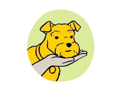 Illustration of how to teach a dog to rest their chin on your hand. 