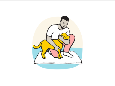 Illustration of how to restrain a dogs head and hold out their leg for examinations. 