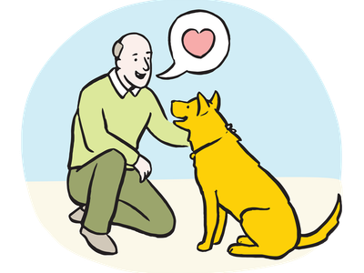 Illustration of a man telling a dog how much he loves them