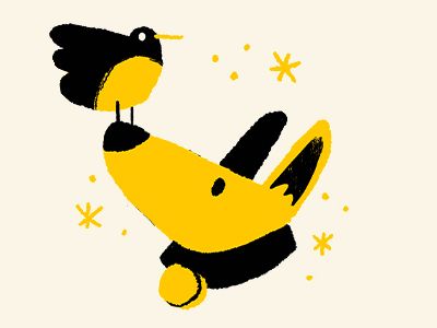 Illustration of a dog with a robin on his nose and snowflakes falling around them