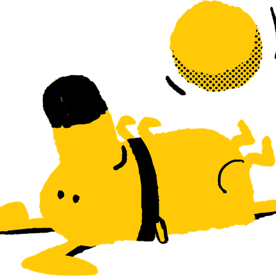 An illustration of a yellow dog lying on its back playing with a ball