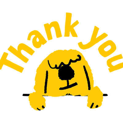 DT thank you PNG graphic with yellow shaggy dog.