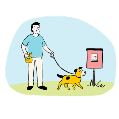 Illustration of a man walking his dog and putting a poo bag into a bin