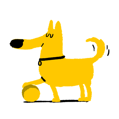 Yellow dog illustration holding a yellow ball