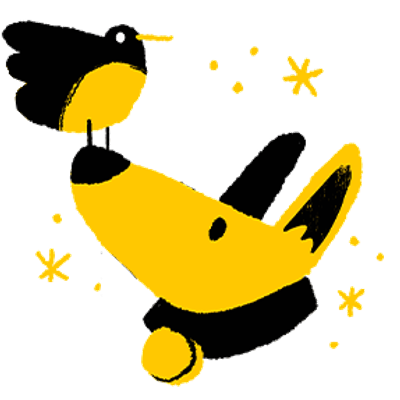 Illustration of a dog with a robin on his nose and snowflakes falling around them