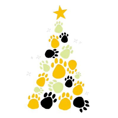 Illustration of a christmas tree made up of lots of colourful paw prints.