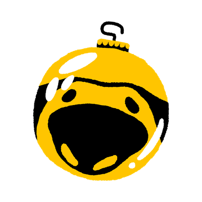 Illustration of a yellow bauble reflecting a dog's face.