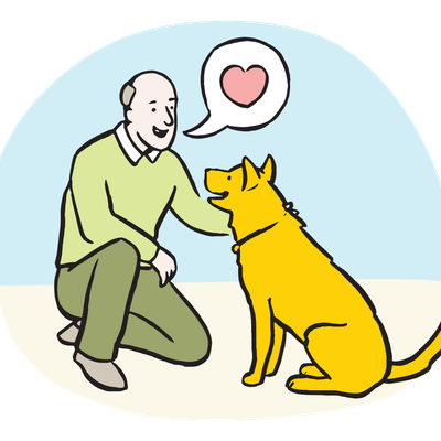Illustration of a man saying 'I love you' to his dog