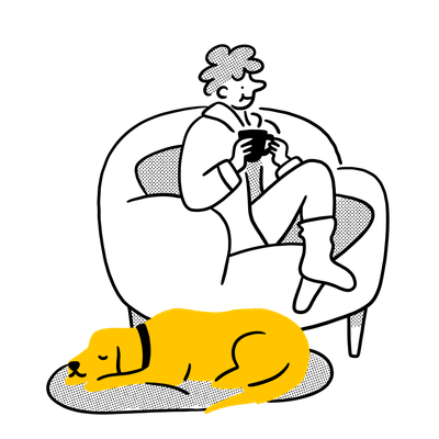 illustration of a woman sitting in a chair with a mug whilst a dog sits asleep in a dog bed