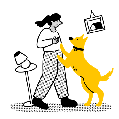 illustration of a dog jumping up at a lady