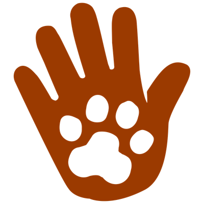 an illustration of a hand with a paw print in it in a reddy brown colour