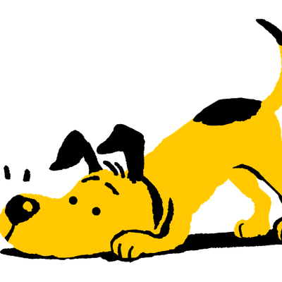 Illustration of Dogs Trust mascot Homer, a yellow dog with black ears, bowing and sniffing a yellow flower