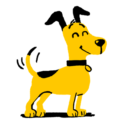 Illustration of Dogs Trust mascot Homer, a yellow dog with black ears, smiling and wagging his tail