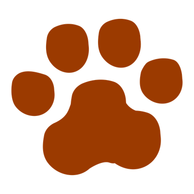 An illustration of a pawprint in a red-brown colour