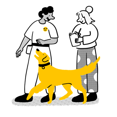illustration of two dogs trust coaches a man and a woman doing training with a large yellow dog