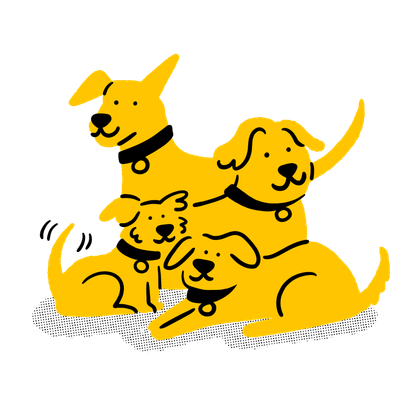 An illustration of four yellow dogs, lying side by side, with relaxed, happy facial expressions and body language. Movement marks show one of their tails is wagging.