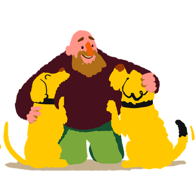Illustration of a person kneeling on the ground and fussing two yellow dogs who are wagging their tails gleefully