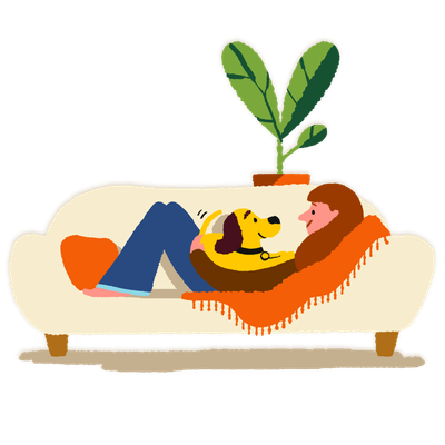 Illustration of a person relaxing with their dog on a sofa