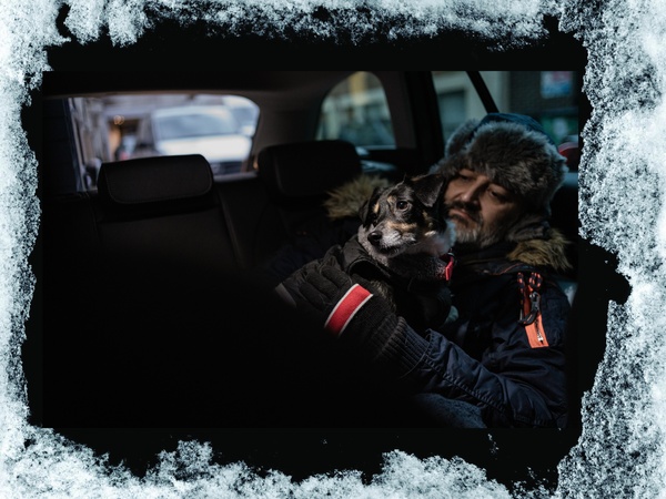 A man and a small tri-coloured dog lay in the backseat of a cold car wearing coats to keep warm
