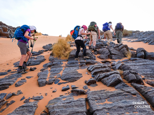 a line of people with hiking sticks and backpacks walking up a sandy dune hill with grey rocks on it