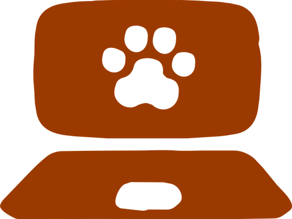an illustration of a laptop with a paw print in it in a reddy brown colour