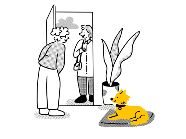 illustration of a woman answering a door to another woman whilst a yellow small dog sits in a bed by the door