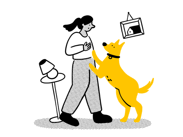 illustration of a large yellow dog jumping up at a lady