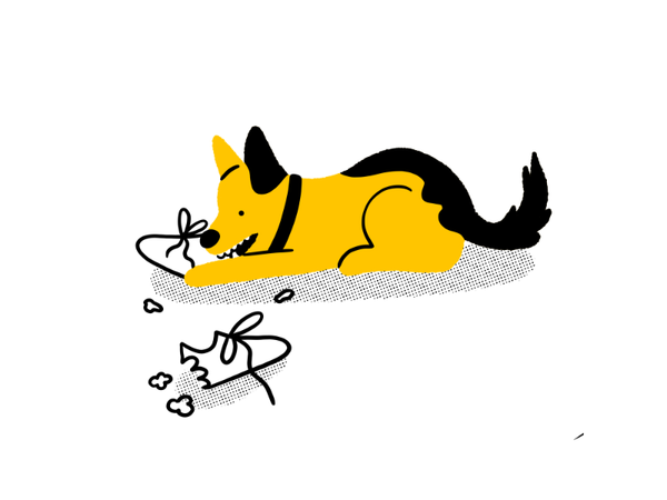 Illustration of a yellow and black dog destroying a shoe
