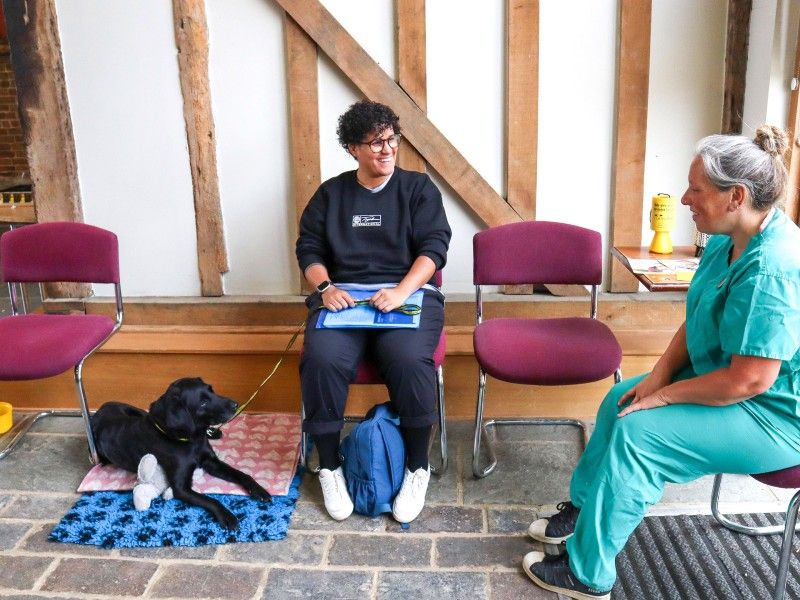 labrador owner smiling at vet in waiting room