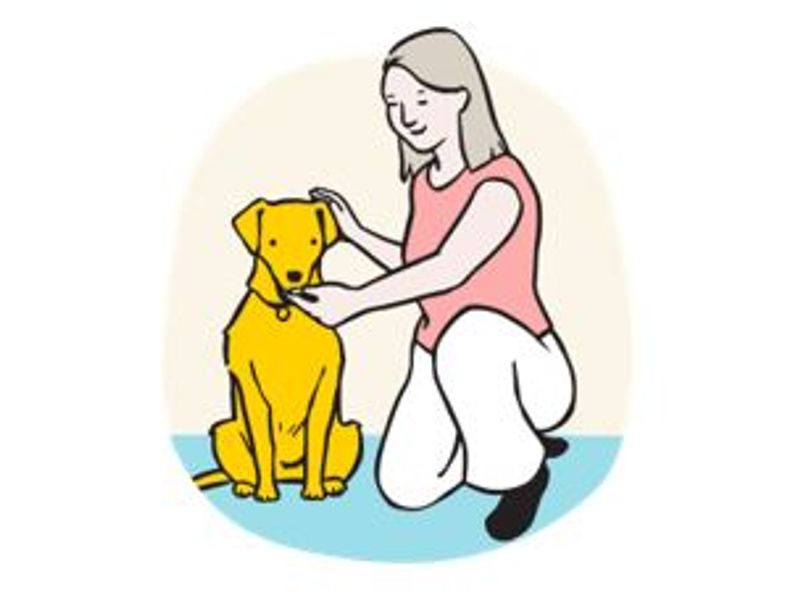 Illustration of woman giving treat close to mouth with hand on head.