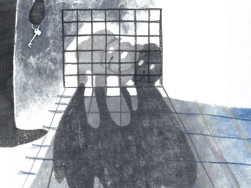 Illustration of Chow Chow puppies in a cage to be smuggled