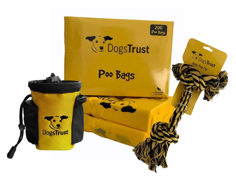 Image of our bestselling items in our online shop which includes, poo bags, treat bag and pull toy, all in yellow and black.