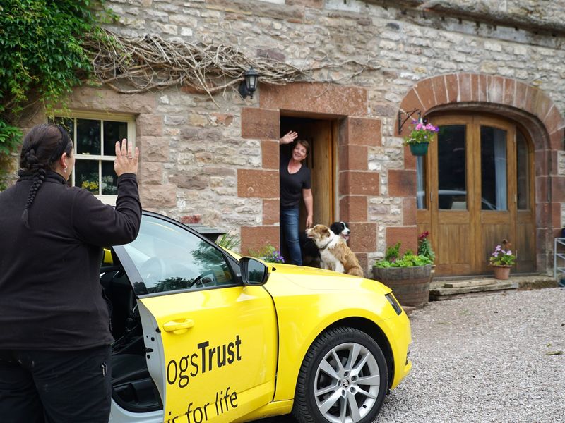 Home From Home Coordinator standing next to DT yellow car and waving goodbye to foster carer standing in doorway.