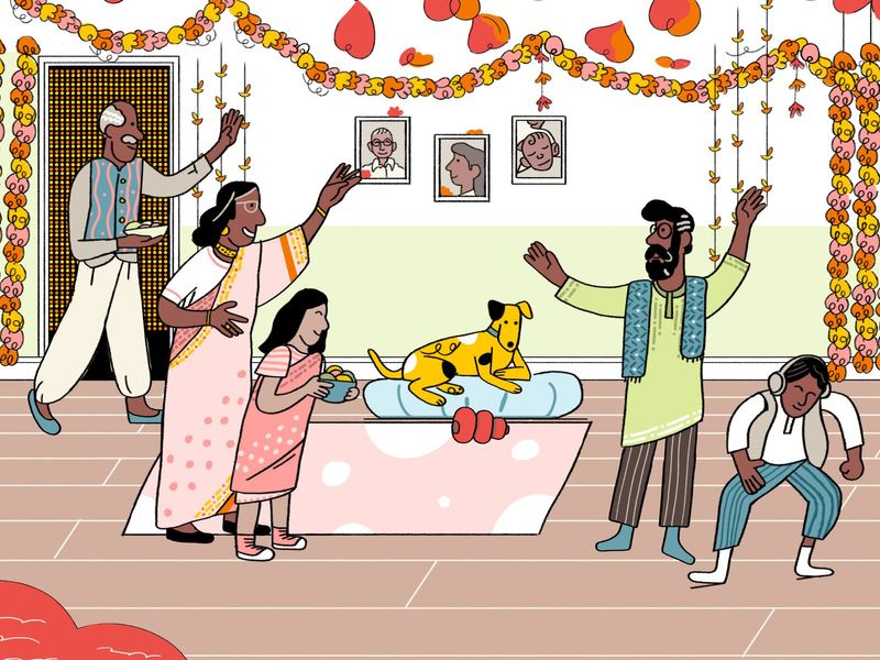 Illustration of a family celebrating Diwali in a living room dancing. A yellow dog sits in it's bed on the floor with a red kong toy.