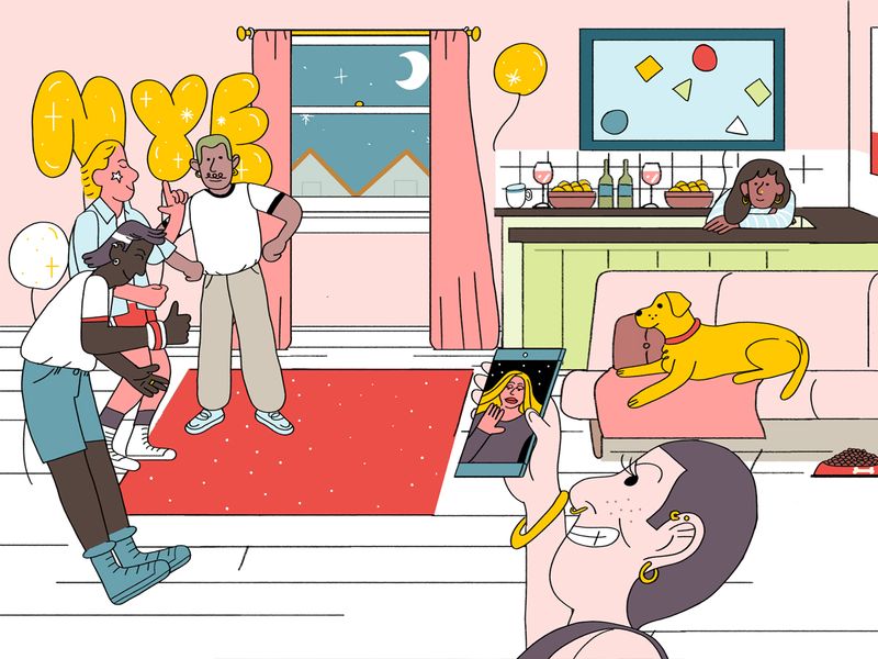 Illustration of some men and women celebrating by having a New years eve party with a yellow dog in the background.