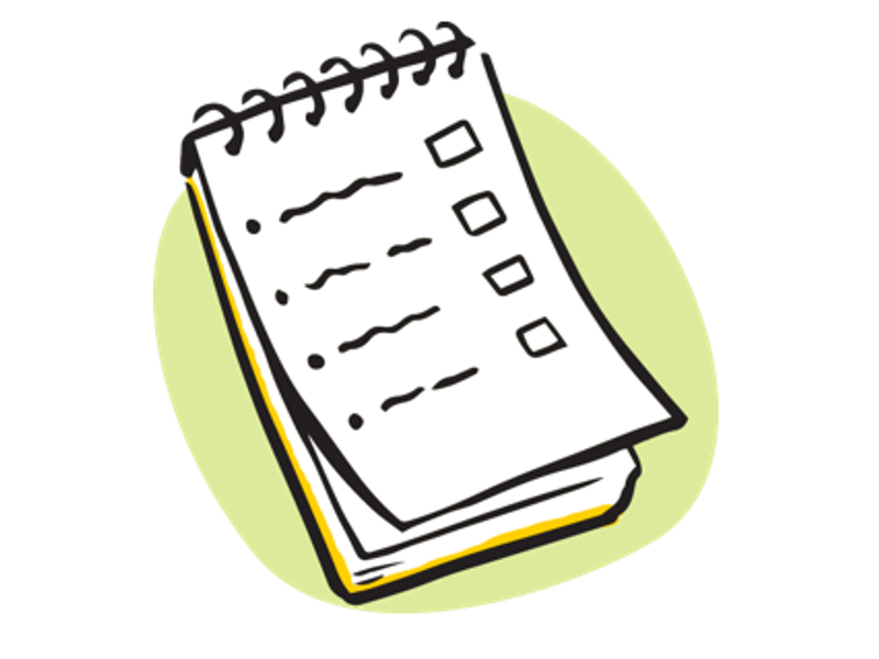 Illustrations of a checklist or questions on a white notepad