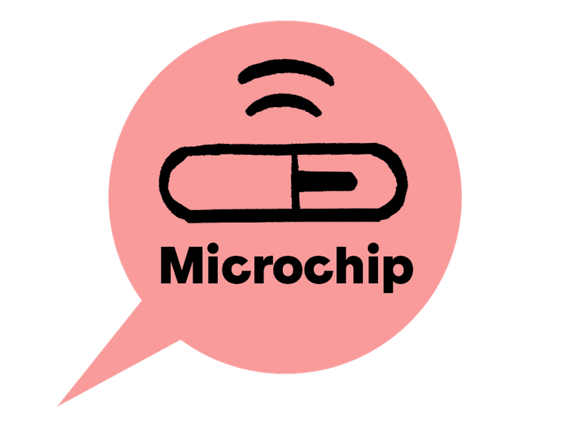 An illustration of a microchip in a pink speech bubble