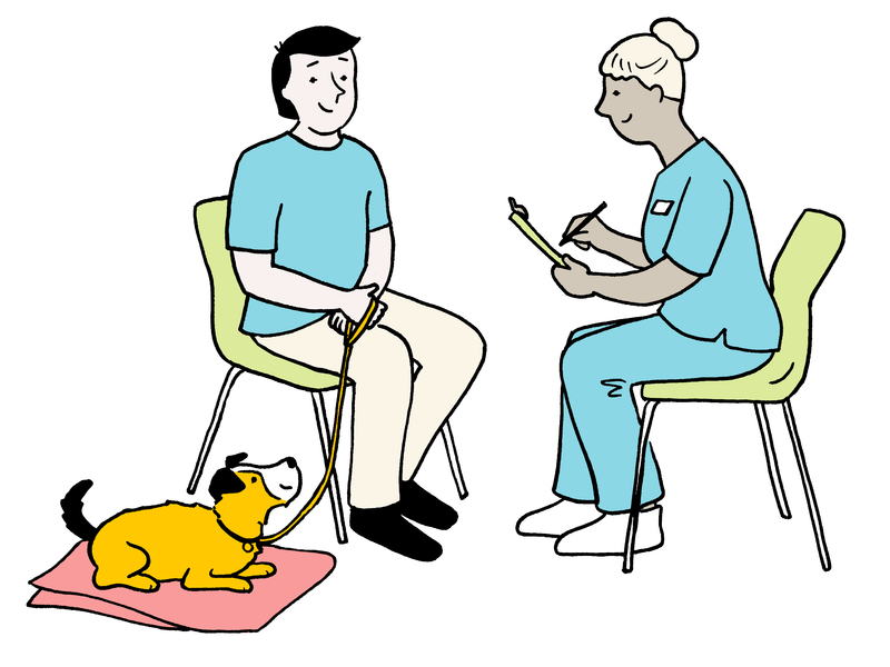 Illustration of a man and his dog having a consultation with a veterinarian